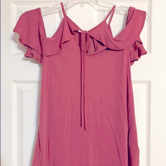 ❌DONATED❌Rose Pink Tie Neck Cold Shoulder Ruffle Sleeve Top - Picture 7 of 10